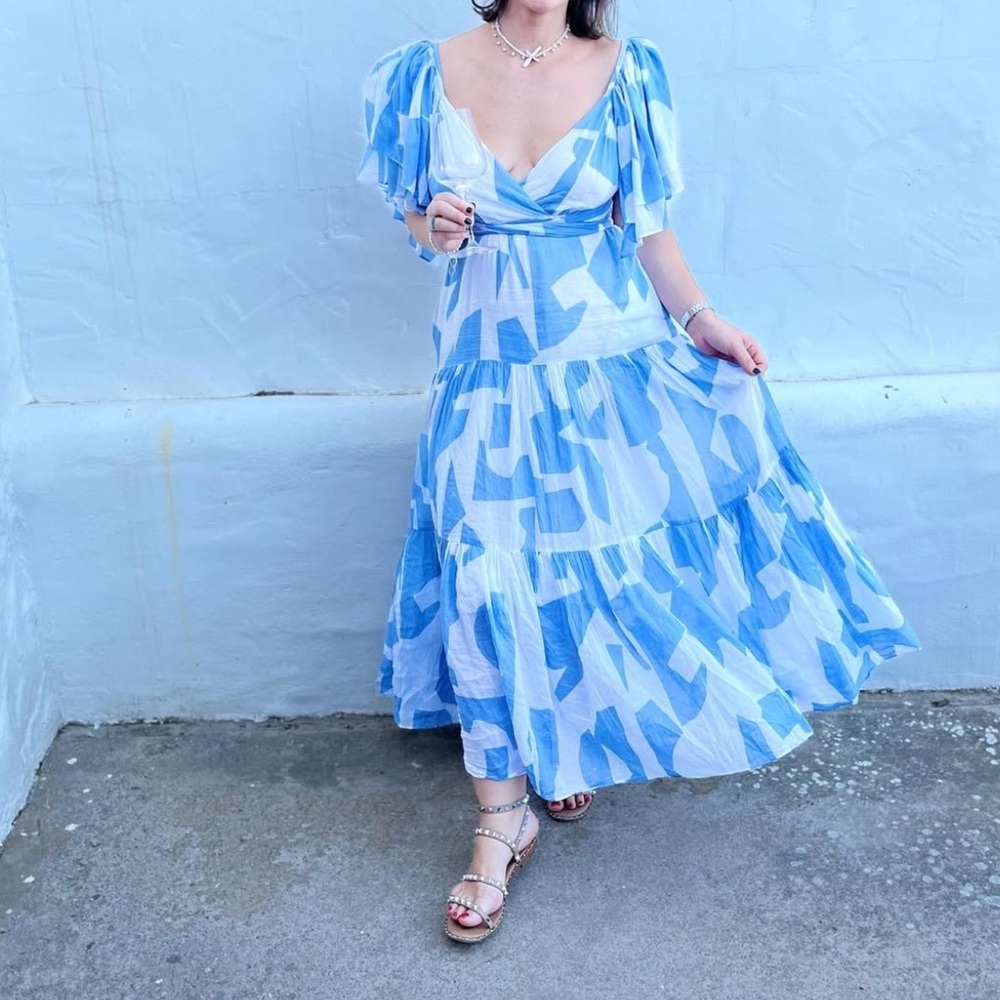 Wknd Wyfr Blue A Line Coastal Chic Abstract Print Maxi Dress Size XS